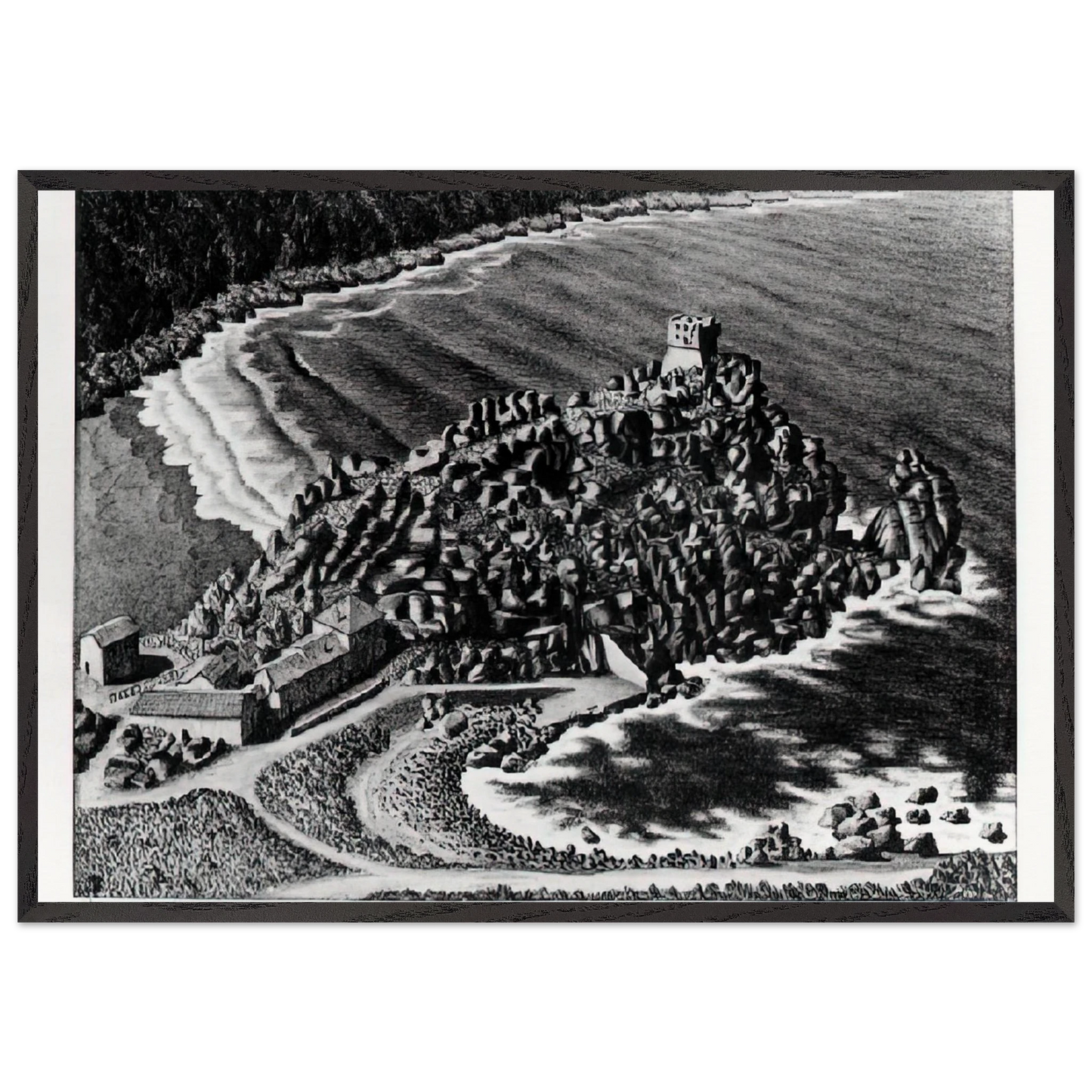 GULF OF PORTO CORSICA DECEMBER 1933 1933 - MC Escher 70x100 cm / 28x40 inches Framed Art Print – Black Wooden Frame | Maurits Cornelis Escher Prints