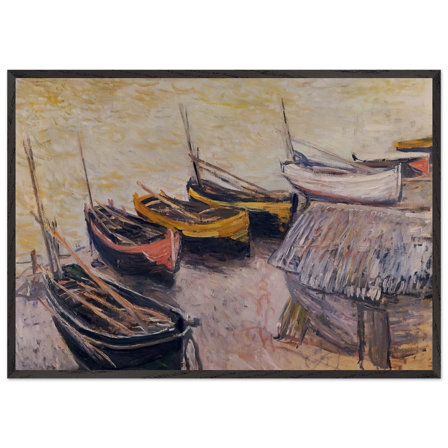 Boats on the Beach - claude monet 70x100 cm / 28x40 inches Framed Art Print – Black Wooden Frame