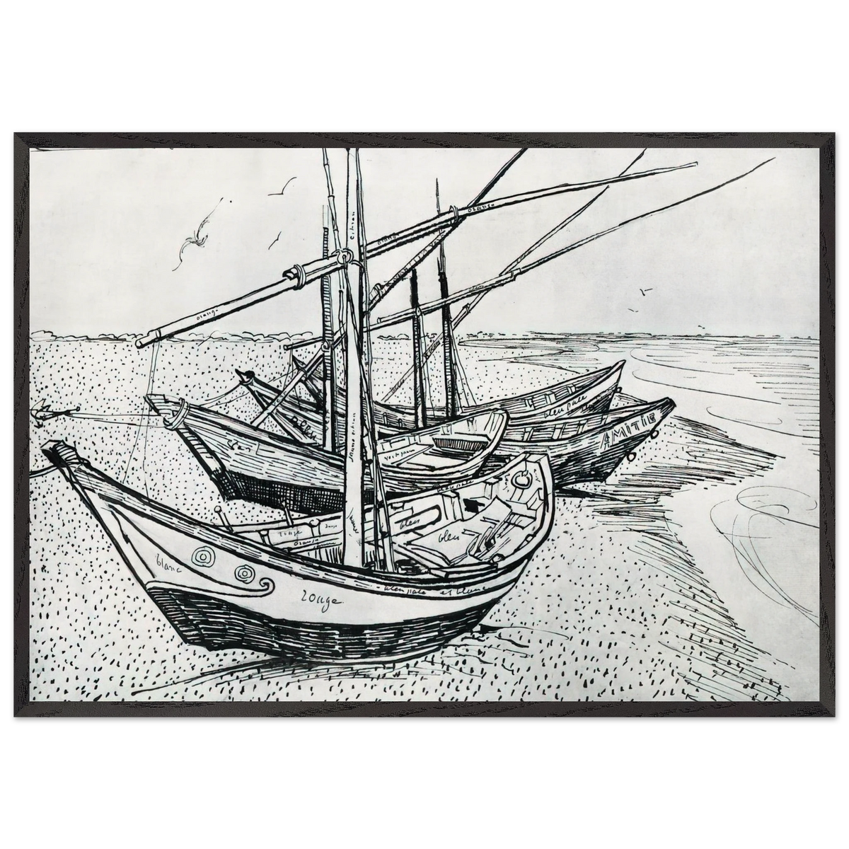 Fishing boats on the Beach at Les Saintes-Maries-de-la-Mer - Vincent van Gogh 70x100 cm / 28x40 inches Framed Art Print – Black Wooden Frame