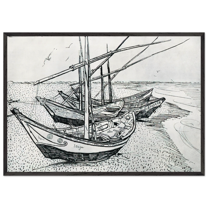 Fishing boats on the Beach at Les Saintes-Maries-de-la-Mer - Vincent van Gogh 70x100 cm / 28x40 inches Framed Art Print – Black Wooden Frame