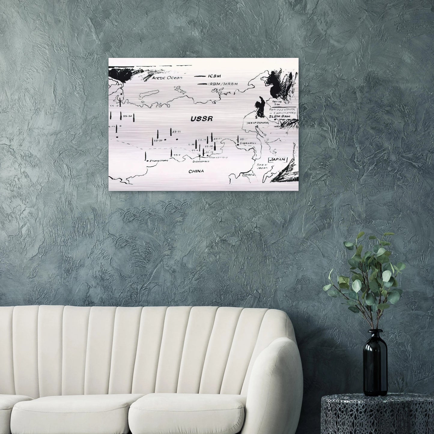 Map of Eastern U.S.S.R. Missile Bases - Andy Warhol Brushed Aluminum Print - 70x100 cm / 28x40 inches | Andy Warhol Aluminum Print | Andy Warhol Prints