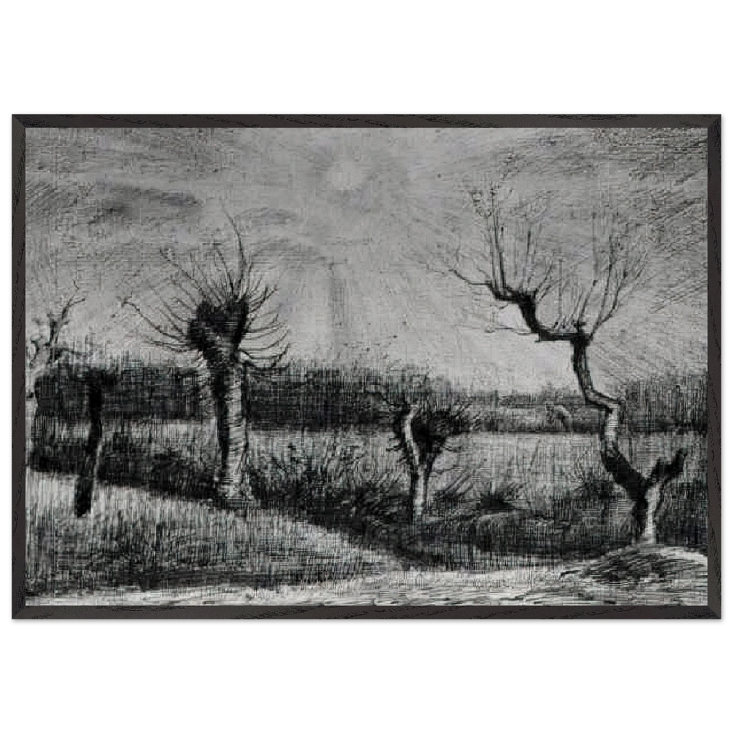 Landscape with Willows and Sun Shining Through the Clouds - Vincent van Gogh 70x100 cm / 28x40 inches Framed Art Print – Black Wooden Frame