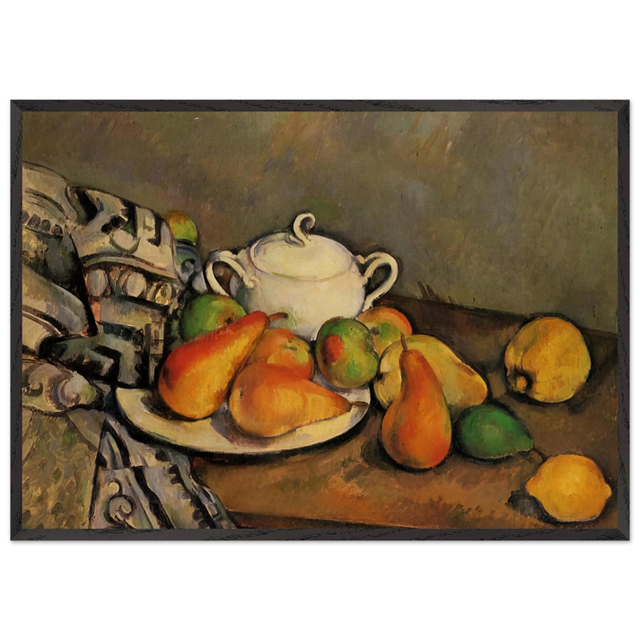 Sugarbowl Pears and Tablecloth - Paul Cezanne 70x100 cm / 28x40 inches Framed Art Print – Black Wooden Frame