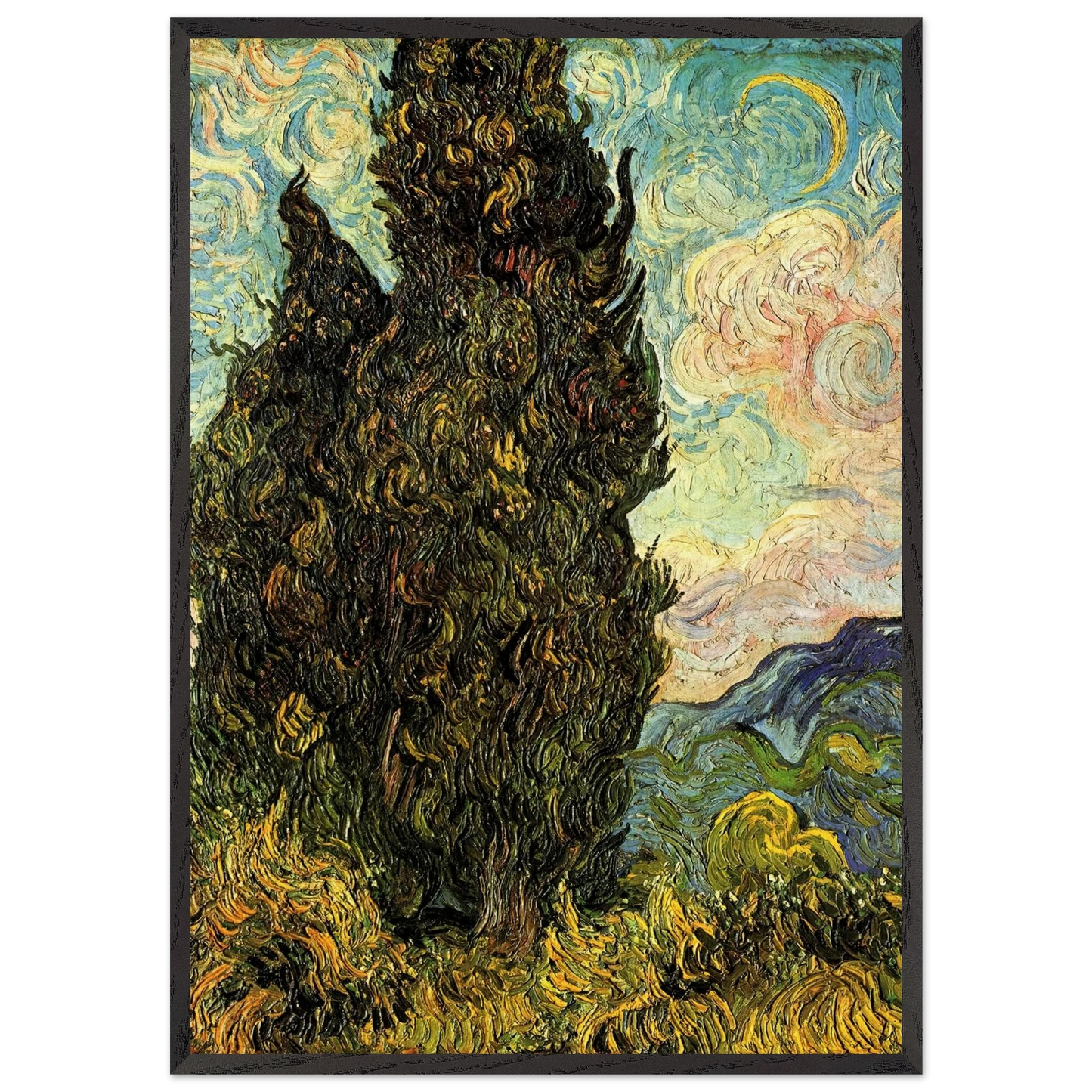 Two Cypresses - Vincent van Gogh 70x100 cm / 28x40 inches Framed Art Print – Black Wooden Frame