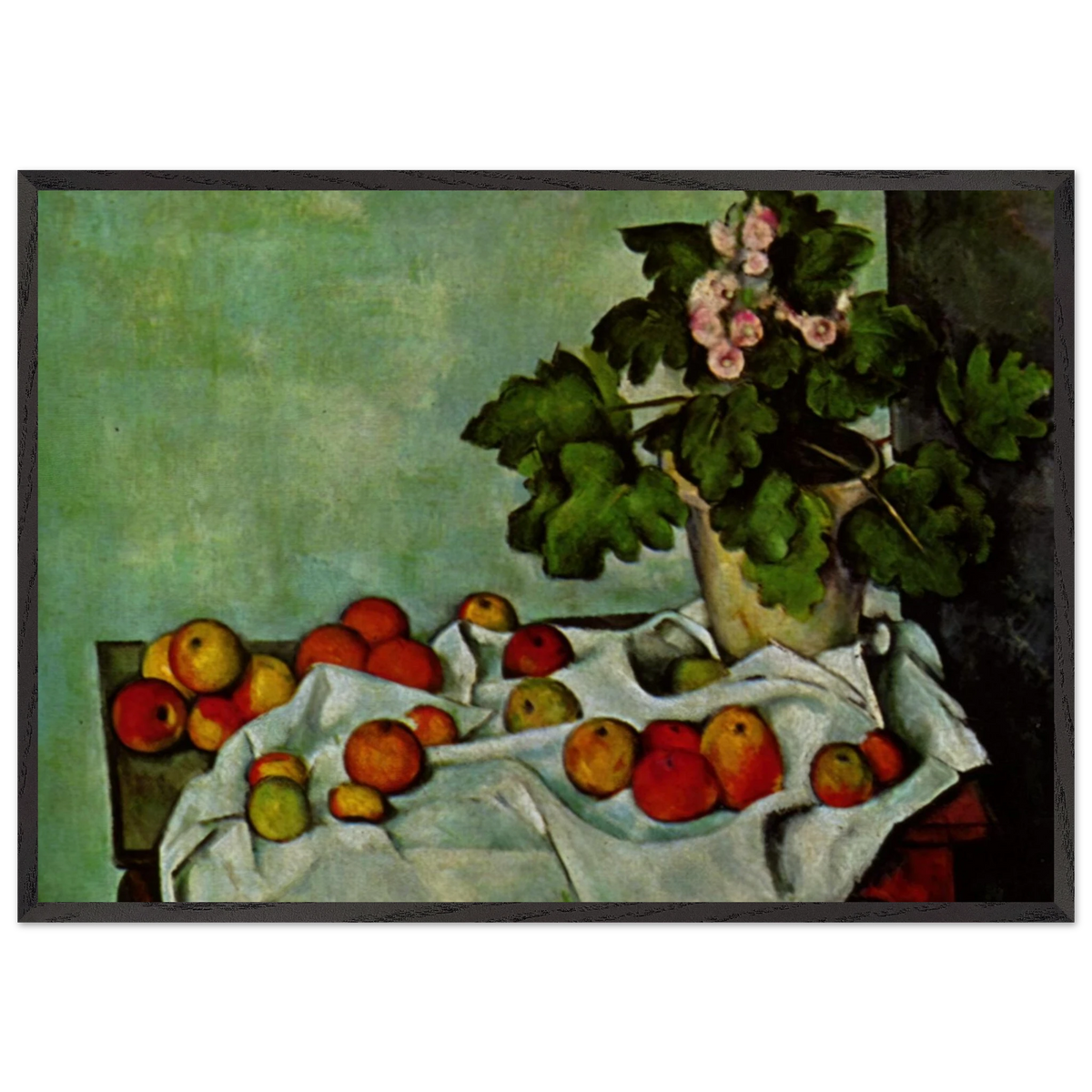Still Life with Apples and a Pot of Primroses - Paul Cezanne 70x100 cm / 28x40 inches Framed Art Print – Black Wooden Frame
