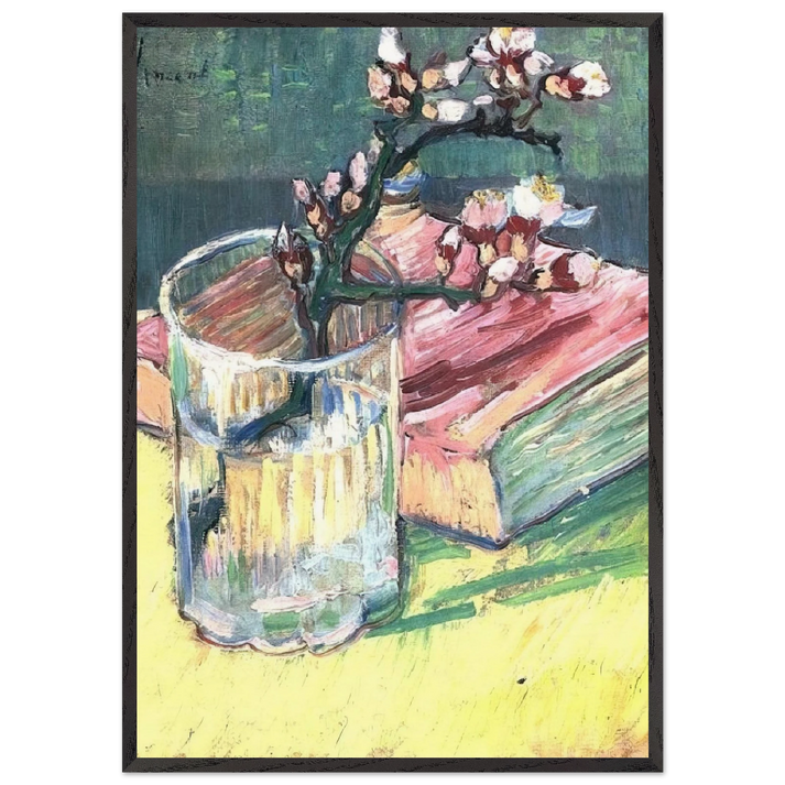 Blossoming Almond Branch in a Glass with a Book - Vincent van Gogh 70x100 cm / 28x40 inches Framed Art Print – Black Wooden Frame