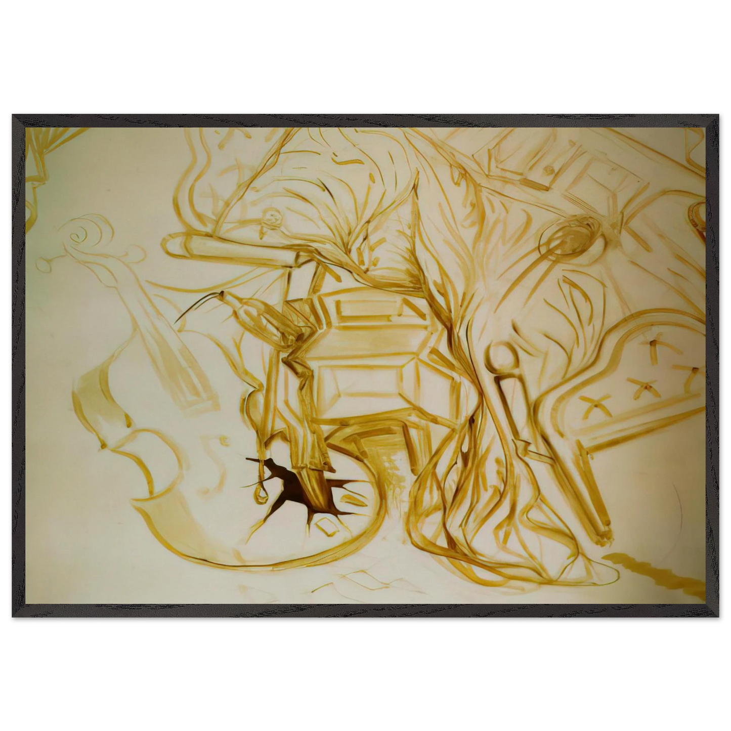 BED AND BEDSIDE TABLE FEROCIOUSLY ATTACKING A CELLO - Salvador Dali 70x100 cm / 28x40 inches Framed Art Print – Black Wooden Frame