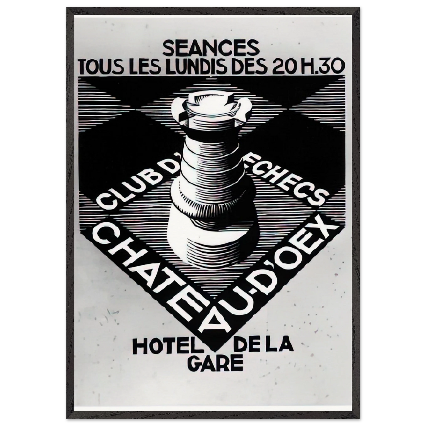 ADVERTISEMENT CHESS CLUB CHATEAU DOEX JULY 1936 1936 - MC Escher 70x100 cm / 28x40 inches Framed Art Print – Black Wooden Frame | Maurits Cornelis Escher Prints