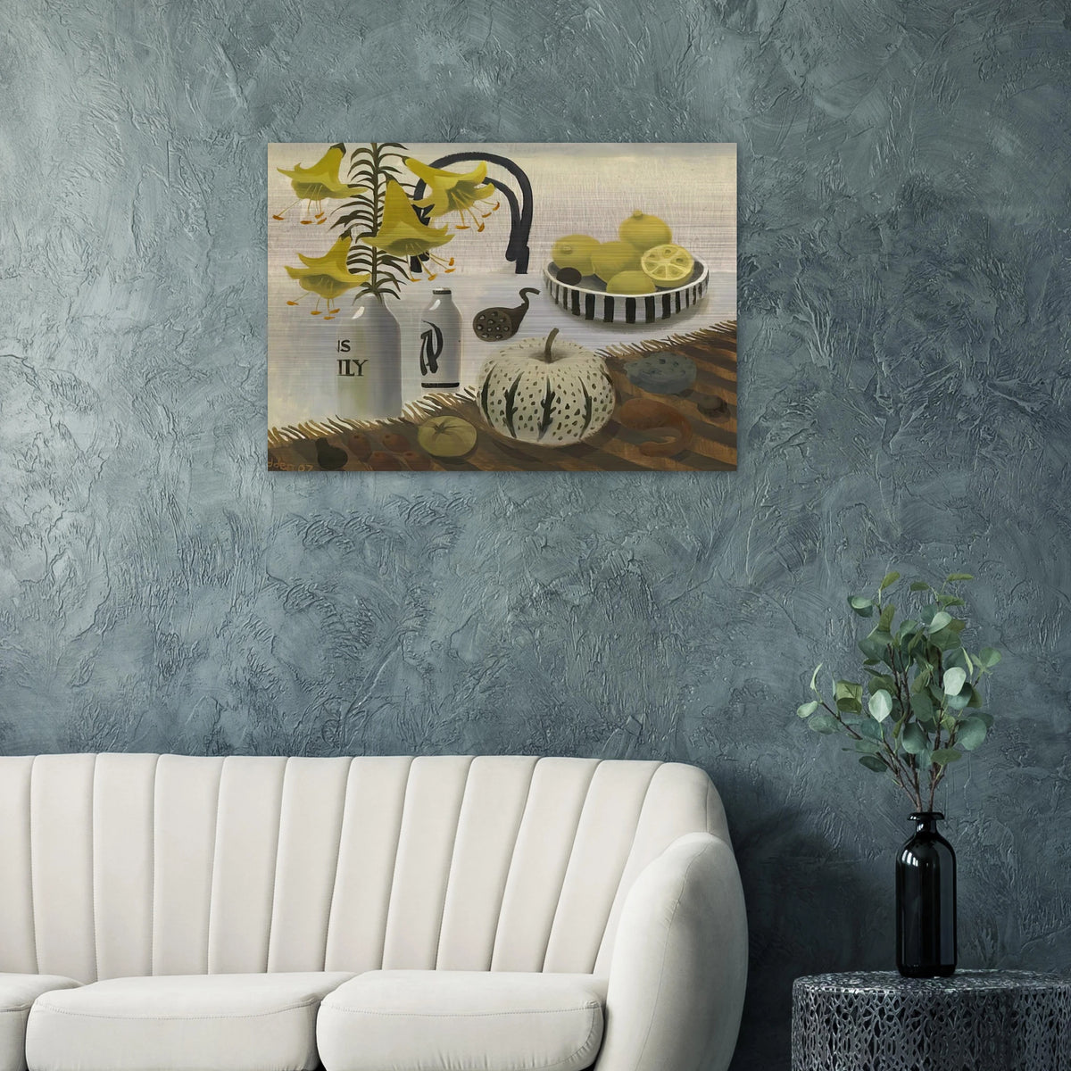 Lilies and Lemons - 2007 - Mary Fedden Brushed Aluminum Print - 70x100 cm / 28x40 inches | Mary Fedden Aluminum Print | Mary Fedden Prints