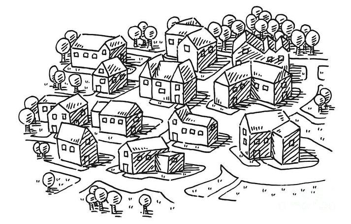Town Neighborhood Drawing Art Print | Museum-Quality Reproduction | RedKalion