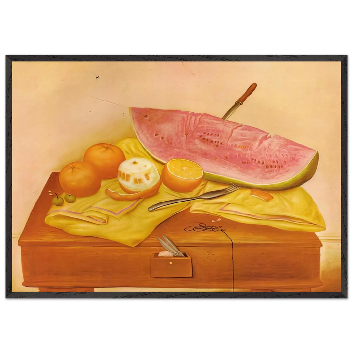 WATERMELONS AND ORANGES - Fernando Botero 70x100 cm / 28x40 inches Framed Art Print – Black Wooden Frame