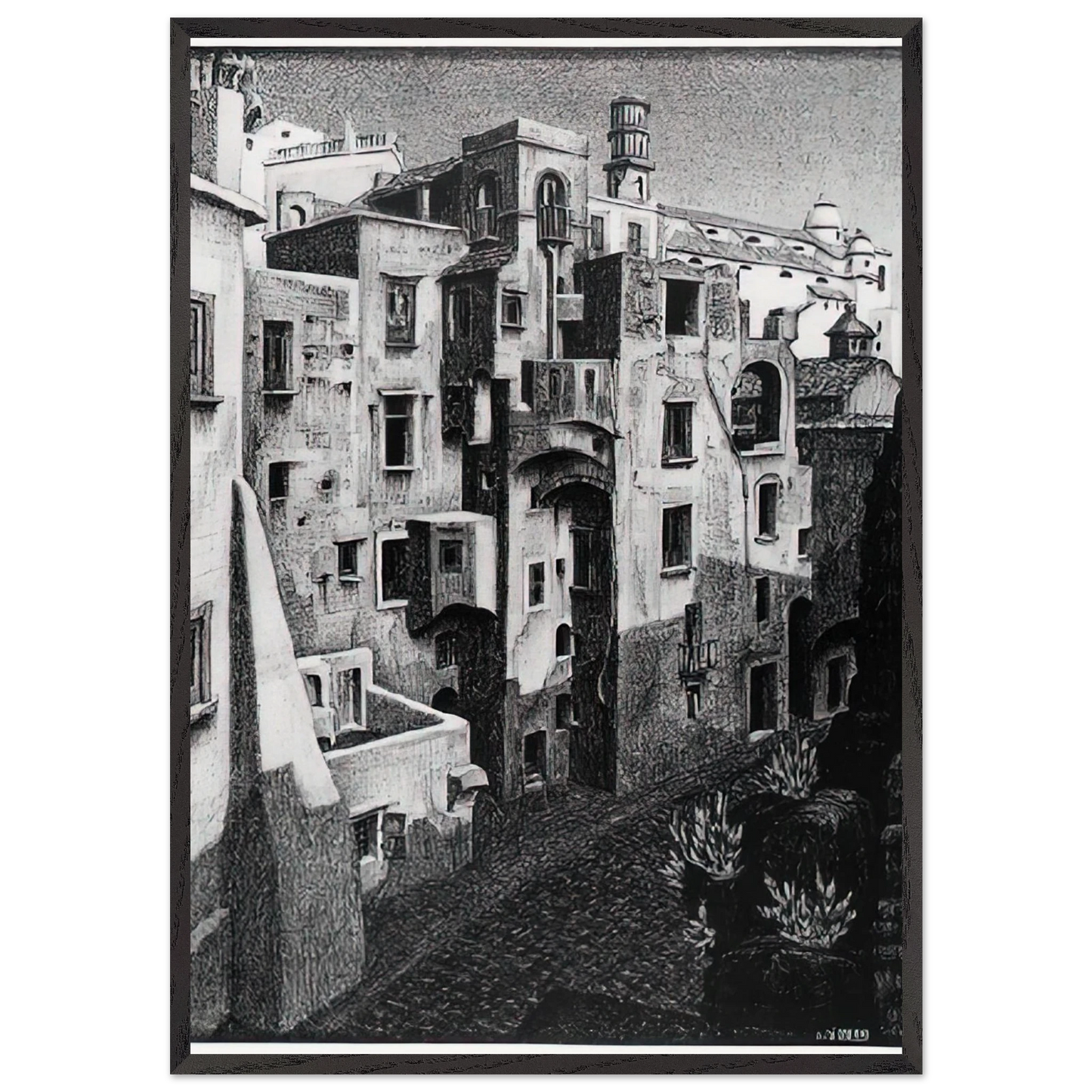 DILAPIDATED HOUSES IN ATRANI 1931 - MC Escher 70x100 cm / 28x40 inches Framed Art Print – Black Wooden Frame | Maurits Cornelis Escher Prints