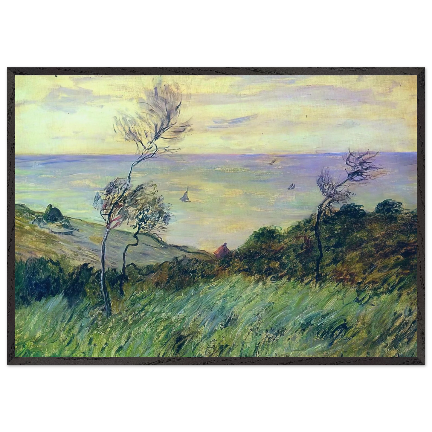 Cliffs of Varengeville Gust of Wind - claude monet 70x100 cm / 28x40 inches Framed Art Print – Black Wooden Frame