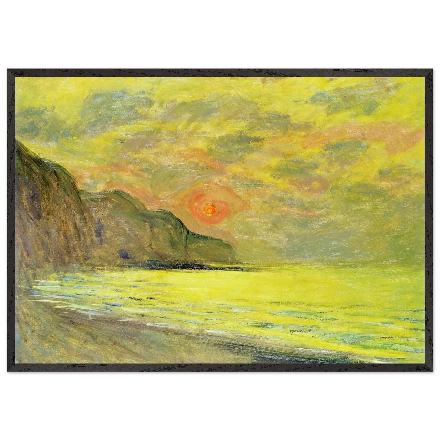 Sunset Foggy Weather Pourville - claude monet 70x100 cm / 28x40 inches Framed Art Print – Black Wooden Frame