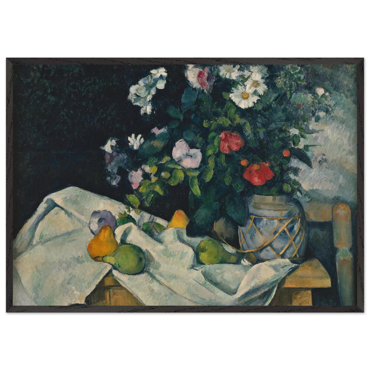 Still Life with Flowers and Fruit - Paul Cezanne 70x100 cm / 28x40 inches Framed Art Print – Black Wooden Frame