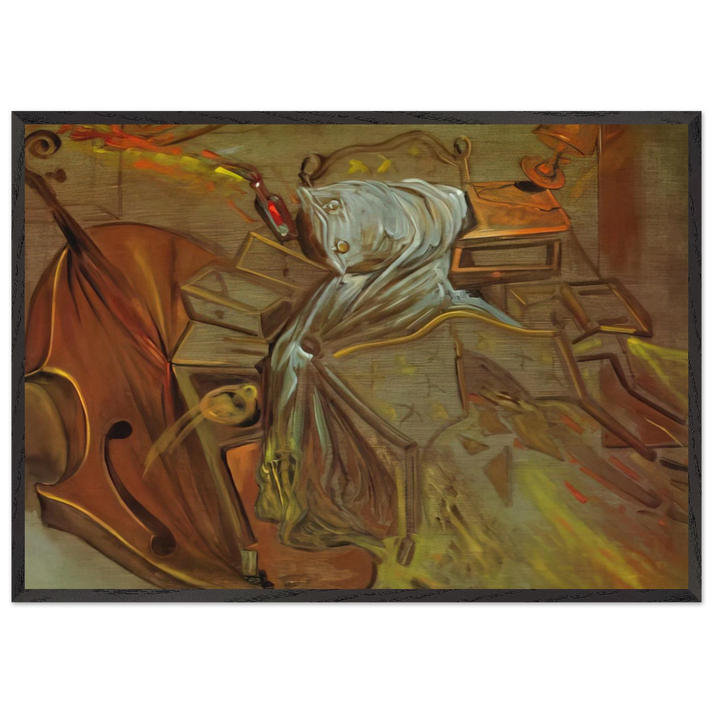 BED AND TWO BEDSIDE TABLES FEROCIOUSLY ATTACKING A CELLO - Salvador Dali 70x100 cm / 28x40 inches Framed Art Print – Black Wooden Frame