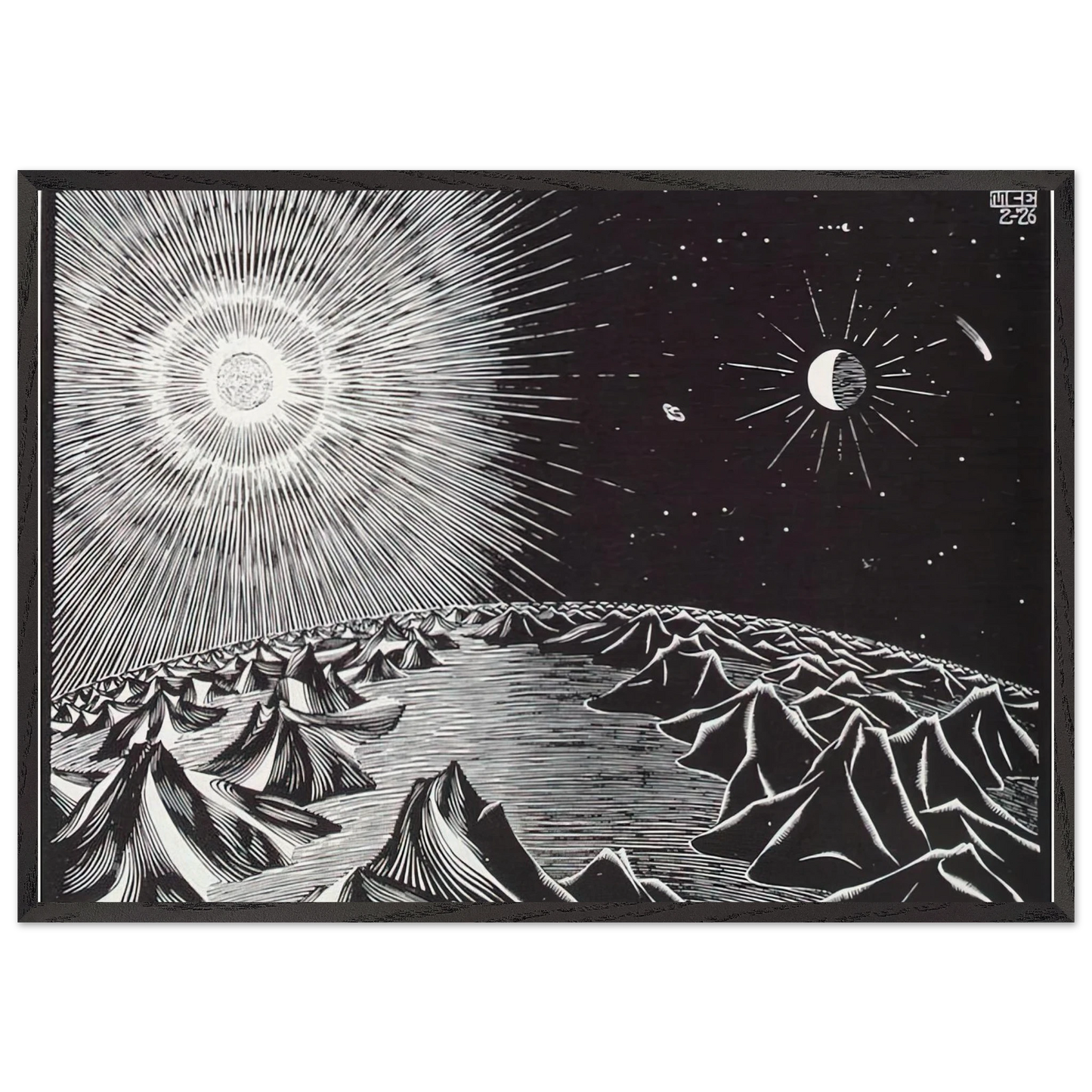 THE 4TH DAY OF THE CREATION - MC Escher 70x100 cm / 28x40 inches Framed Art Print – Black Wooden Frame | Maurits Cornelis Escher Prints