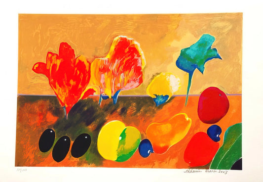 Aldemir Martins Framed Canvas Print: A Vibrant Legacy of Brazilian Modernism - Flores e Frutas - 2003 by Aldemir Martins