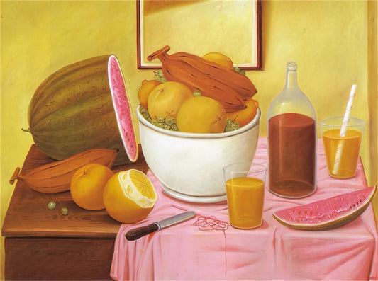 Art by Botero: The Monumental World of Fernando Botero's Voluptuous Forms - STILL LIFE WITH ORANGEADE by Fernando Botero