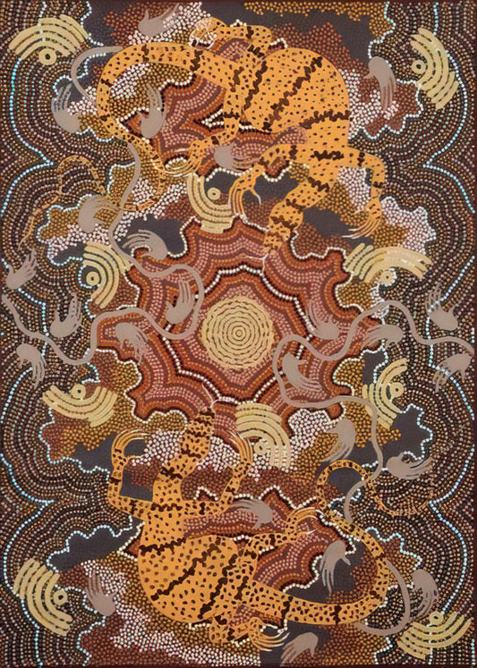Clifford Possum Tjapaltjarri Print: A Masterpiece of Australian Aboriginal Art - Perentie Goanna Dreaming - 1992 by Clifford Possum Tjapaltjarri