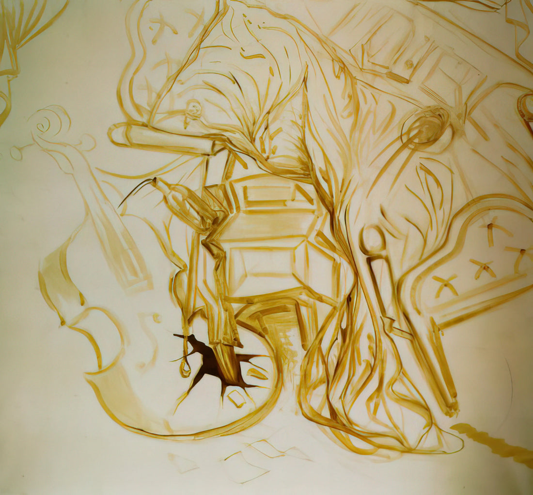 Dali Alice in Wonderland Prints: Surrealist Master Meets Literary Classic - BED AND BEDSIDE TABLE FEROCIOUSLY ATTACKING A CELLO by Salvador Dali