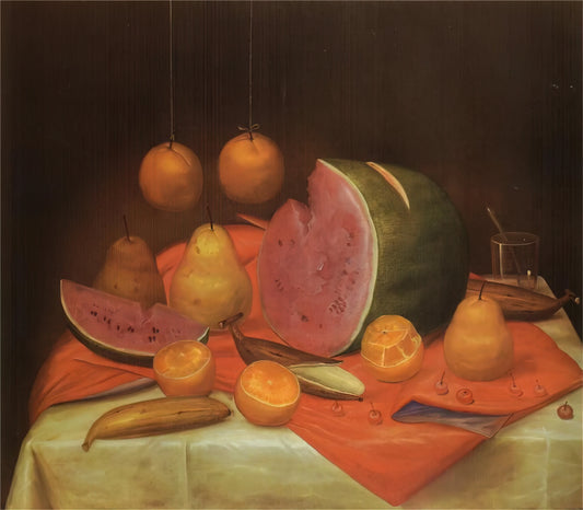 Fernando Botero Canvas: The Monumental World of Voluptuous Forms - STILL LIFE WITH WATERMELON by Fernando Botero