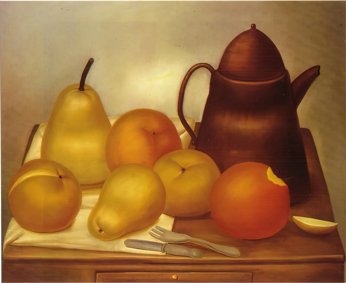 Fernando Botero Framed Canvas Print: A Collector's Guide to His Monumental Style - STILL LIFE WITH COFFEE POT by Fernando Botero