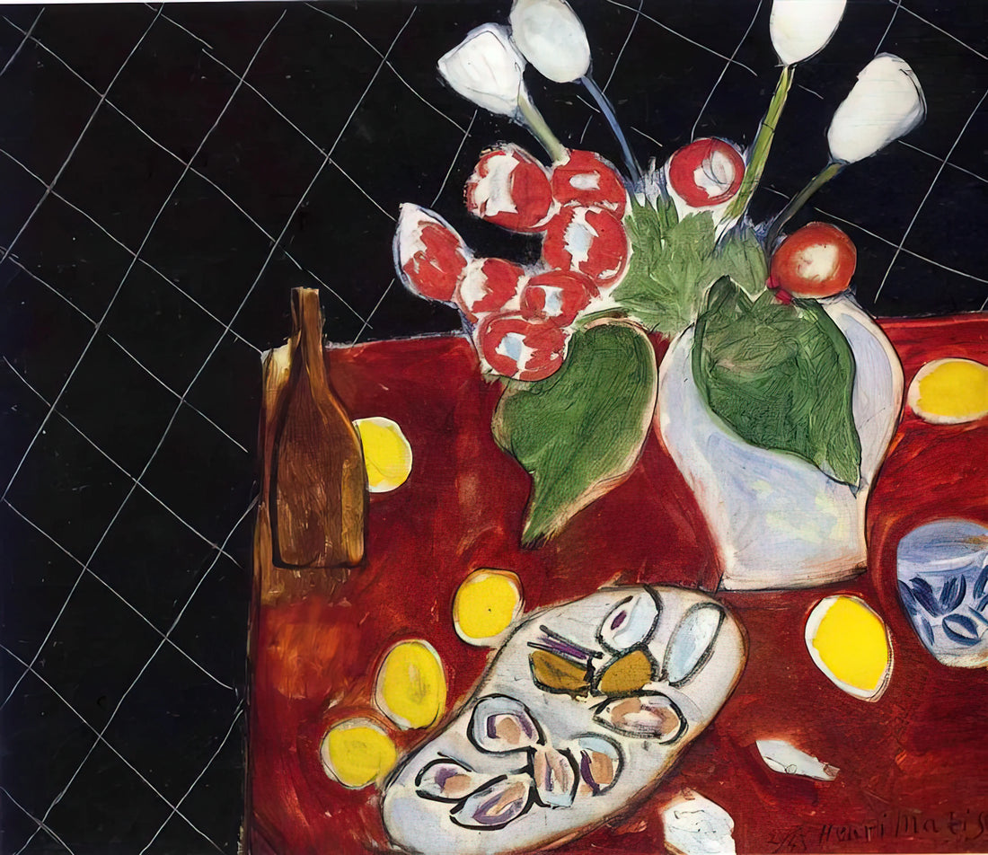 Horizontal Matisse Print: A Curator's Guide to Composition, Color, and Display - TULIPS AND OYSTERS ON A BLACK BACKGROUND 1943 by Henri Matisse