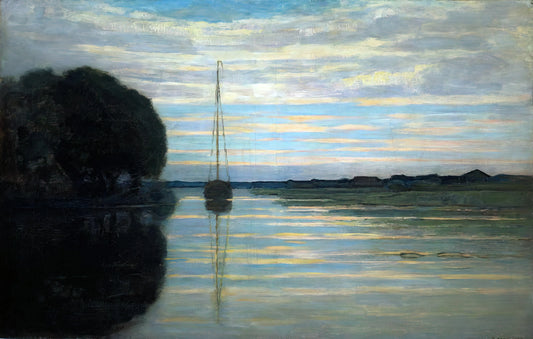 Images of Mondrian Paintings: A Curator's Guide to Piet Mondrian's Iconic Compositions - River view with a boat Sun by Piet Mondrian