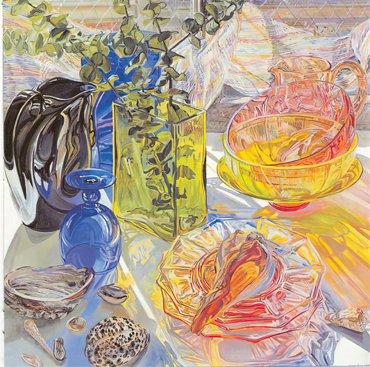 Janet Fish Brushed Aluminum Print: A Modernist Reflection on Still Life - GLASS AND SHELLS 1990 by Janet Fish