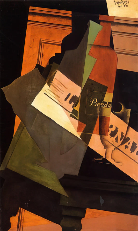 Juan Gris Paintings for Sale: A Collector's Guide to Acquiring Cubist Masterpieces - BOTTLE GLASS AND NEWSPAPER by Juan Gris