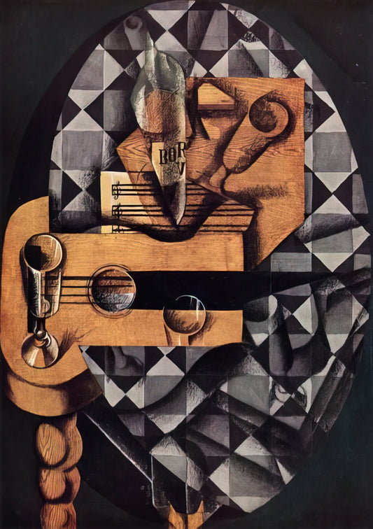 Juan Gris' Guitar and Pipe: A Cubist Masterpiece of Still Life Reimagined - GUITAR BOTTLE AND GLASS 1914 by Juan Gris