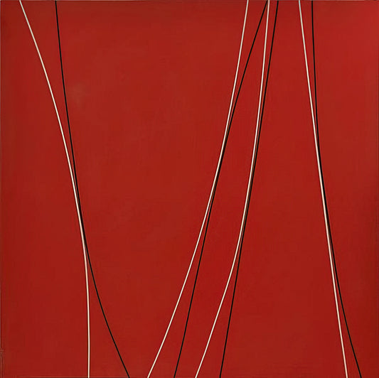 Lorser Feitelson: The Canvas as a Stage for Geometric Abstraction - Untitled Black and White Lines on Red Background - 1965 by Lorser Feitelson