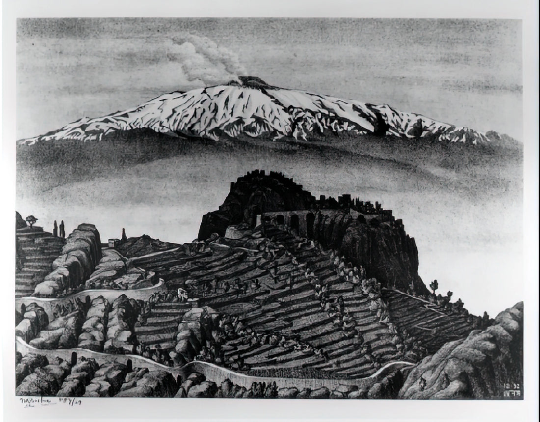 M.C. Escher Originals: The Mind-Bending Art of a Mathematical Visionary - CASTEL MOLA AND MOUNT ETNA SICILY DECEMBER 1932 1932 by MC Escher