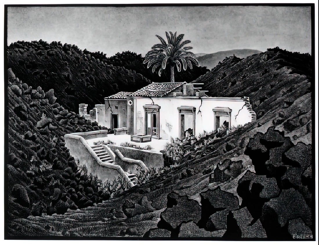 MC Escher MFA: The Master of Mathematical Art and Visual Paradox - HOUSE IN THE LAVA NEAR NUNZIATA by MC Escher