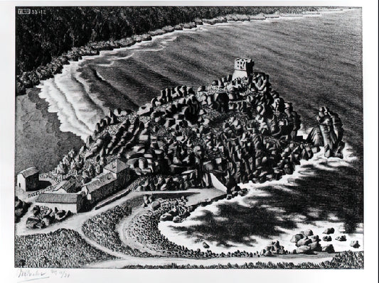 MC Escher Reptiles Print: A Masterpiece of Mathematical Art and Visual Paradox - GULF OF PORTO CORSICA DECEMBER 1933 1933 by MC Escher