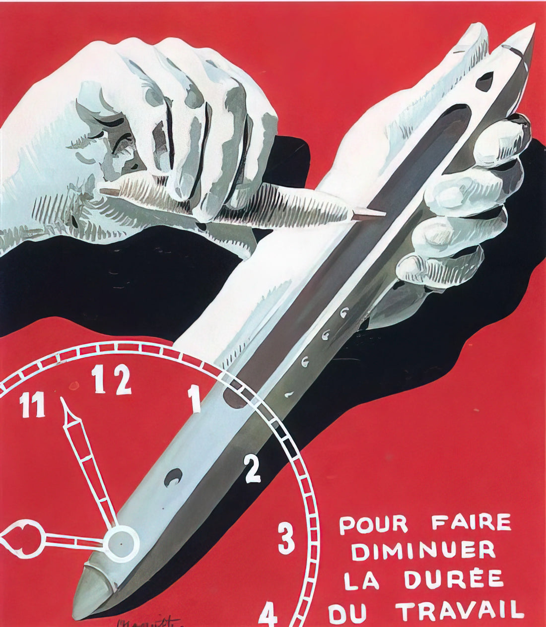 Magritte: The Art of Living - How Surrealism's Master Transformed Everyday Existence - PROJECT OF POSTER THE CENTER OF TEXTILE WORKERS IN BELGIUM TO REDUCE WORKING HOURS 1938 by Rene Magritte