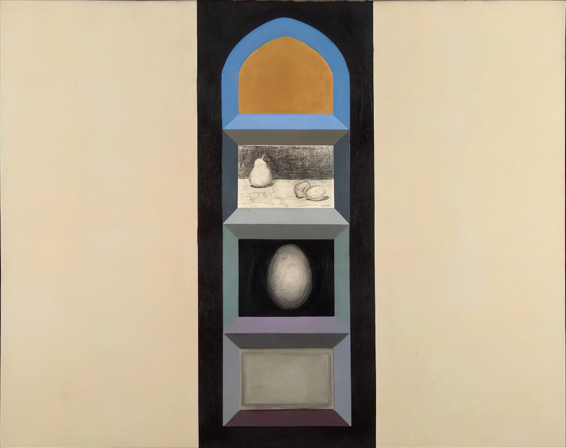 Miriam Schapiro's Brushed Aluminum Prints: A Feminist Art Legacy in Metallic Form - Shrine for R.K. II, 1963 - Feminist Art by Miriam Schapiro