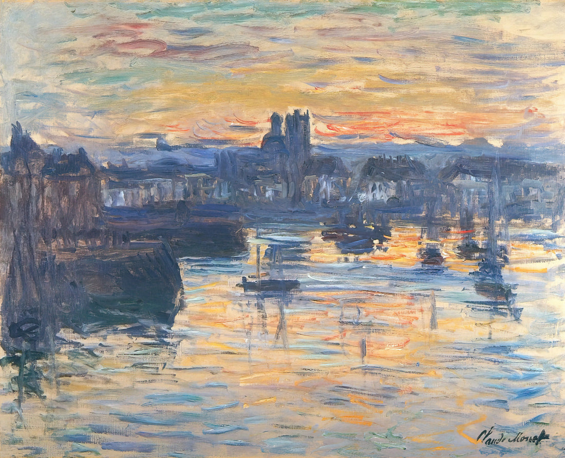 Monet Étretat: The Beach and the Falaise d'Amont Poster - A Masterpiece of Light and Atmosphere - Port of Dieppe, Evening by claude monet