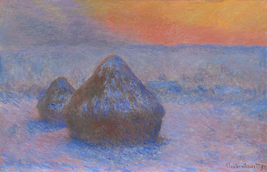 Monet Exhibition Poster: A Collector's Guide to Iconic Impressionist Art Prints - Stacks of Wheat Sunset, Snow Effect by claude monet