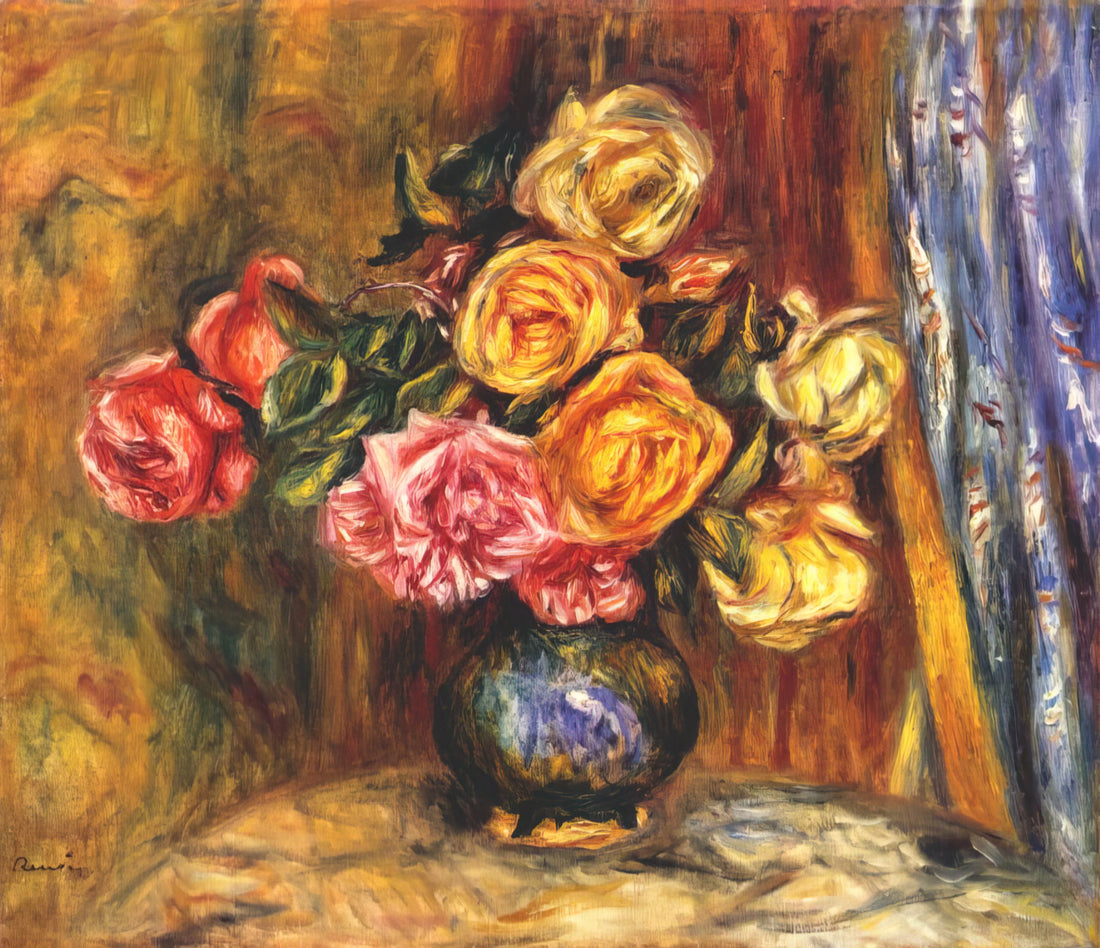 Moulin de la Galette by Renoir: A Masterpiece of Impressionist Joy and Light - Roses in front of a blue curtain by Pierre-Auguste Renoir