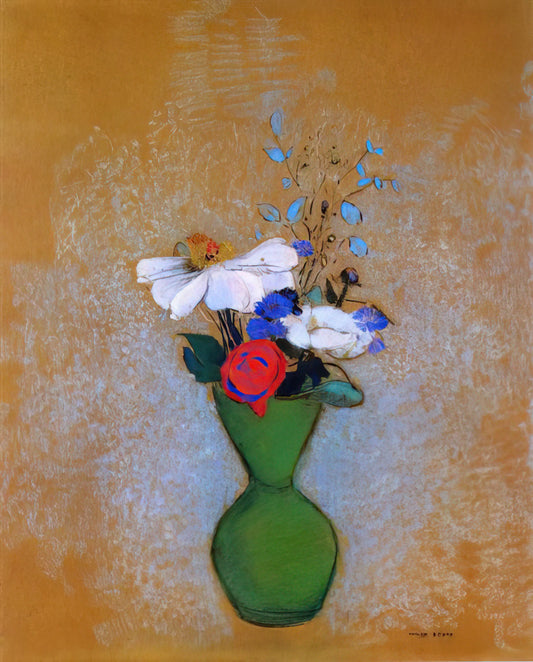 Odilon Redon's Buddha: Exploring Symbolism and Spirituality in Symbolist Art - ROSE PEONY AND CORNFLOWERS IN A GREEN VASE by Odilon Redon