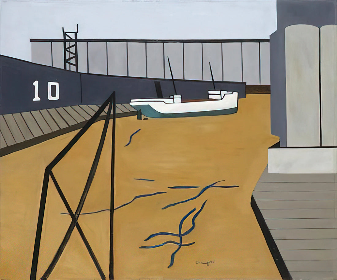 Ralston Crawford Posters: Precisionism, Industrial Beauty, and Collectible Art Prints - Boat and Grain Elevators - 1942 by Ralston Crawford