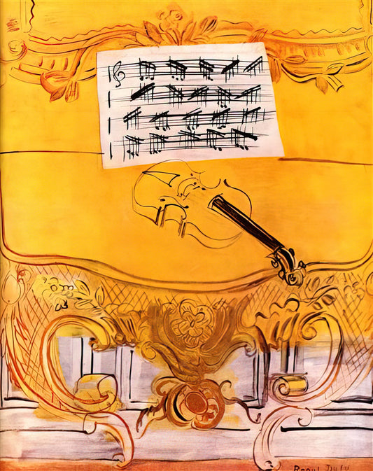 Raoul Dufy Horse Paintings: The Joyful Gallop of Modernist Color - THE YELLOW CONSOLE WITH A VIOLIN 1949 by Raoul Dufy
