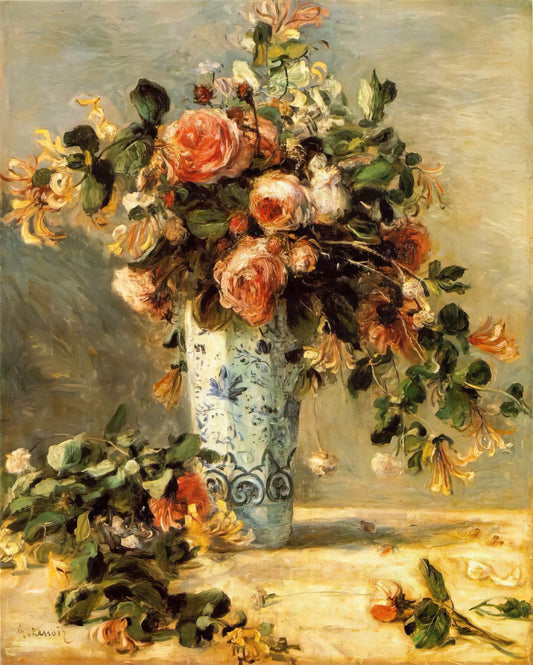 The Artwork of Pierre-Auguste Renoir: A Celebration of Light, Life, and Impressionist Joy - Roses and Jasmine in a Delft Vase by Pierre-Auguste Renoir