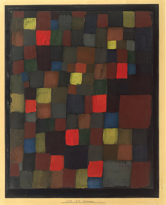 The Prints of Paul Klee: A Journey Through the Artist's Graphic Universe - ABSTRACT COLOUR HARMONY IN SQUARES WITH VERMILLION ACCENTS 1924 by Paul Klee
