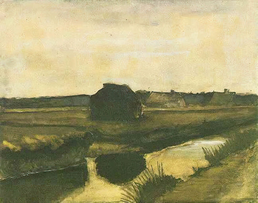 The Starry Night 1889: A Deep Dive into Van Gogh's Celestial Masterpiece - Landscape with a Stack of Peat and Farmhouses by Vincent van Gogh
