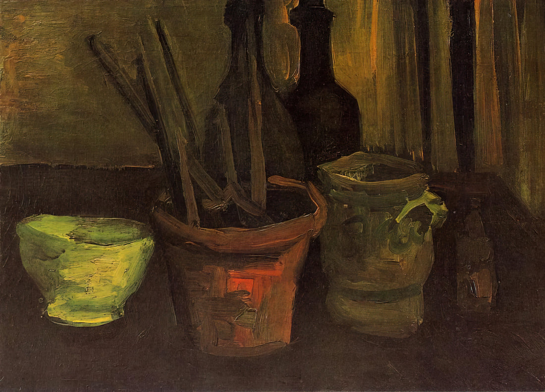 Van Gogh Almond Blossom Canvas: A Masterpiece of Hope and Renewal - Still Life of Paintbrushes in a Flowerpot by Vincent van Gogh