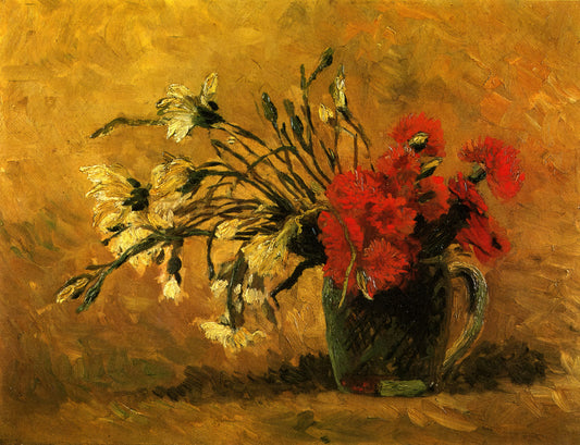 Van Gogh Sunflowers Painting: The Story Behind the Iconic Series - Vase with Red and White Carnations on a Yellow Background by Vincent van Gogh