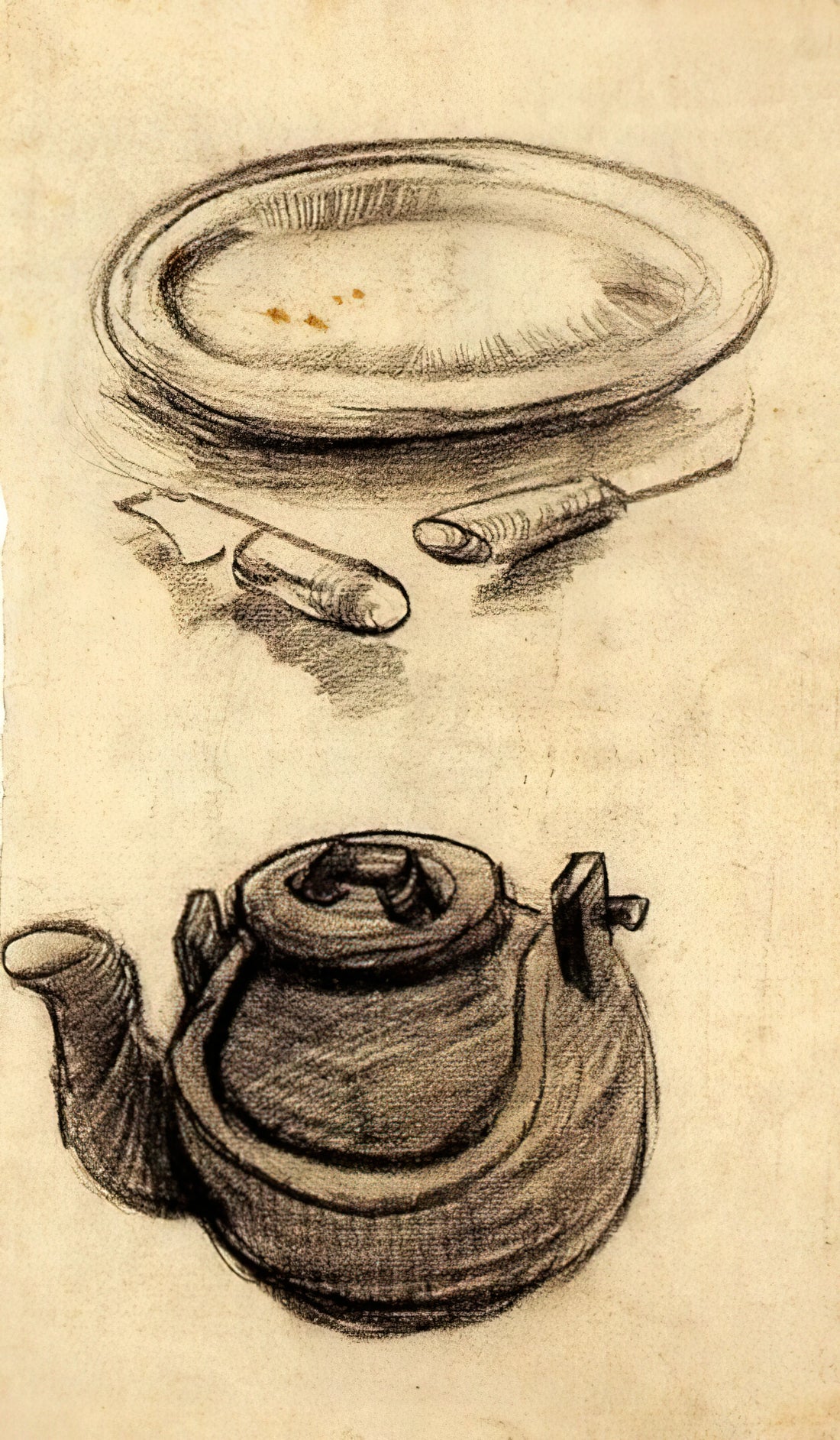 Van Gogh Yellow Painting: The Chromatic Revolution of a Tormented Genius - Plate with Cutlery and a Kettle by Vincent van Gogh